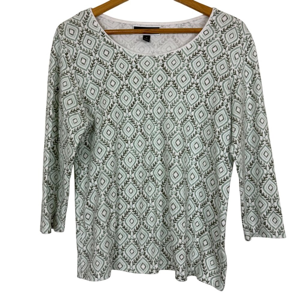 Karen Scott Casual Women's Top Sz Medium Geometric Leaf Pattern 3/4 Sleeve Green